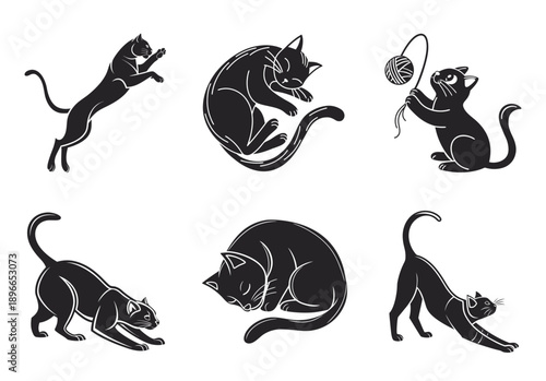 Cat icon, feline, lying down, asleep, stretched out, playing with a toy, crouching, ready to pounce, jumping, monochrome black design, clean lines, minimalist style, vector icon cat's