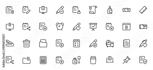 Work office supply icon set. Minimal vector icons pack. Includes attachment, computer, locked, trash can, file, add, share, calculator, stapler and more. Editable stroke.