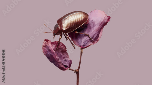 A close-up digital painting shows a beetle on purple leaves against a muted mauve backdrop
