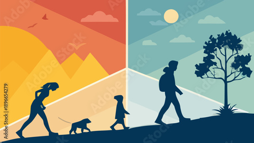 Family hiking together in beautiful outdoor landscapes