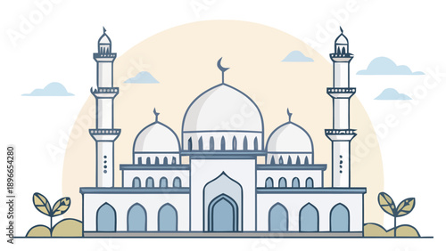 Beautiful mosque with domes and minarets in a serene landscape