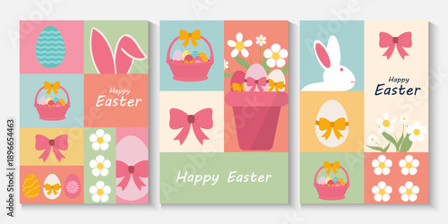Set of greeting Easter posters. Creative Easter vector cards with bunny, eggs. Collection of geometric greeting cards, banner with cute cartoon elements and 3d egg in gold and colorful background.