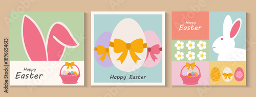 Set of greeting Easter posters. Creative Easter vector cards with bunny, eggs. Collection of geometric greeting cards, banner with cute cartoon elements and 3d egg in gold and colorful background.