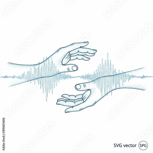 Hands with sound wave frequency vector illustration. Audio voice visualizer concept sketch. Blue pencil drawing of communication and music isolated on white.