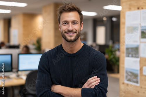 Portrait of professional smiling man in modern office. Successful business employee at workplace. Creative worker with arms crossed for career success.