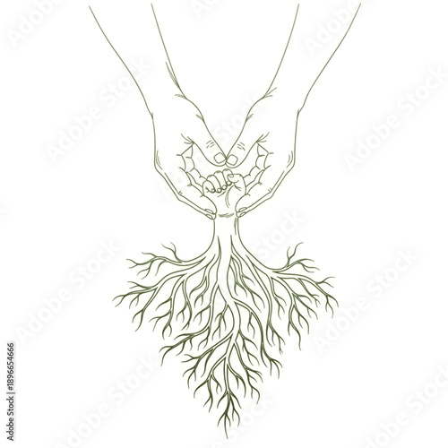 Family hands holding baby hand with tree roots. Line art vector illustration of heritage and growth. Symbolic drawing of parenting bond and ancestry isolated on white.