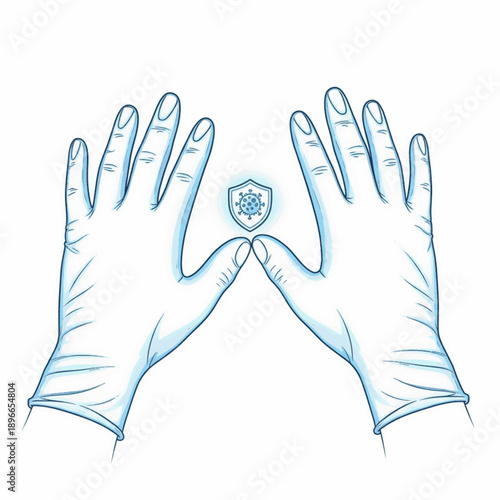 Hands in Blue Latex Gloves Flanking Virus Shield Icon, Vector Illustration for Immunology, Disease Control, Sterile Hospital Procedures, and Public Health Safety