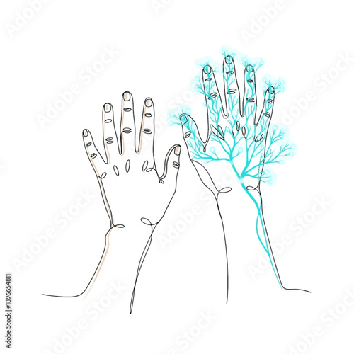 Continuous Line Drawing of Hands with Glowing Blue Nerve Network, Minimalist Vector Illustration for Peripheral Neuropathy, Anatomy, and Medical Pain Concept