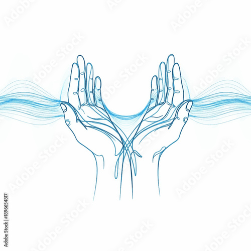 Two Hands Cupped with Flowing Blue Energy Waves, Abstract Vector Illustration for Sound Therapy, Water Conservation, Spiritual Healing, and Mindfulness Concept