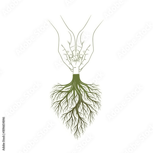 Adult Hands Holding Baby Hand Transforming into Tree Roots, Conceptual Vector Illustration for Family Ancestry, Genealogy, Parenting, and Future Generations