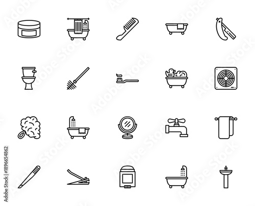Bathroom objects icon set. Minimal vector icons pack. Includes cream, bathtub, comb, razor, toilet, toothbrush, mirror, tap, towel, sink and more. Editable stroke.