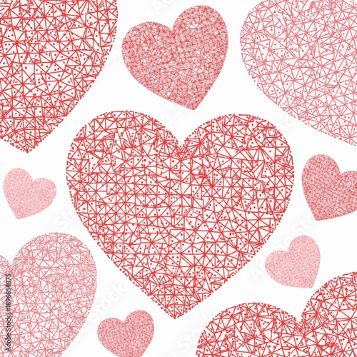 Vector background of hearts designed with a low poly triangle mesh structure. Red mosaic style pattern resembling stained glass, perfect for modern textile prints and geometric wallpapers.