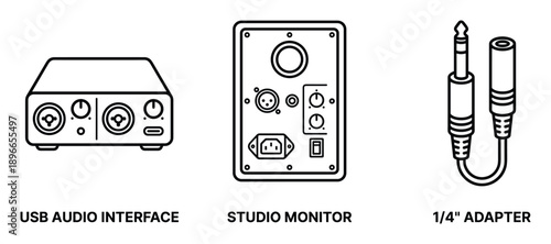 Audio recording studio equipment as usb interface and studio monitor in vector format outline.