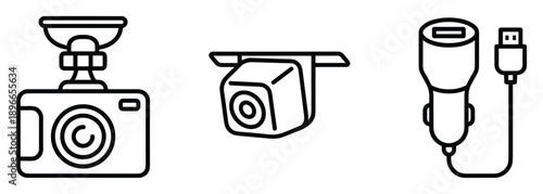 Car equipment concept in line style dash cam car charger usb adapter mobile recorder vector.