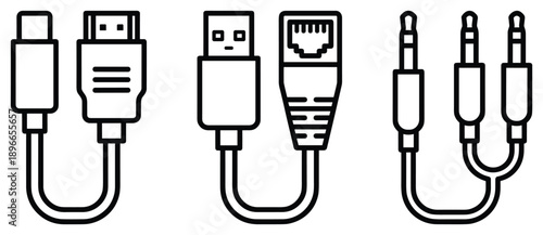 Collection of various cables connectors plugs electronics accessories outline line art vector illustration.