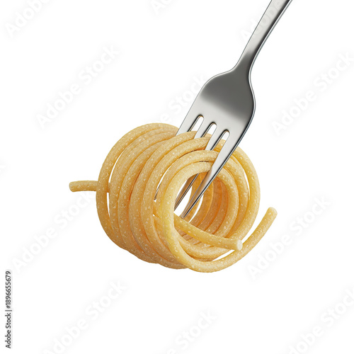 Rolled Pasta Twirl with Fork on Golden Blurred Background Macro