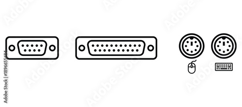 Computer ports connectors ps2 and dsub connectors set peripherals equipment outline line art vector.
