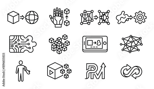 Digital transformation and network connectivity icons showing data flow global systems and bionics.