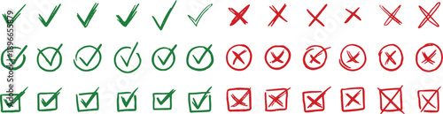 "Hand-drawn check and cross mark icon set – sketch marker tick, checkbox and wrong/right symbols collection Stock Illustration"