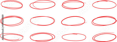 "Hand-drawn red oval highlight frames set – sketch marker circles and doodle ellipse outline collection stock illustration"