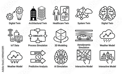 Digital twin architectural healthcare system iot data process simulation ai aerodynamic weather model.
