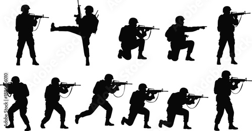Silhouetted Collection of Soldiers in Combat Poses Holding Rifles for Military Tactical Training Defense Security and Army Infantry War Concept Illustration Isolated on White