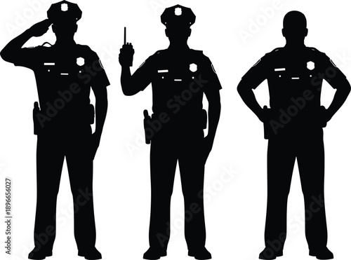 Black silhouettes of three police officers in different poses, law enforcement teamwork isolated on white background, public safety, security, authority, patrol concept illustration