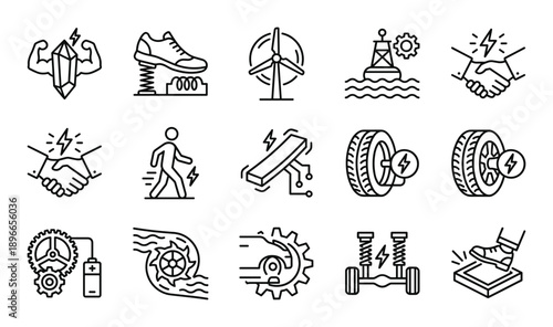 Energy harvesting and renewable power icons featuring wind turbine water wheel and kinetic movement.
