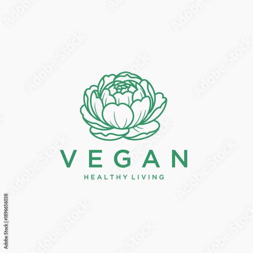 Vegan healthy living logo with green flower illustration, plant-based diet emblem