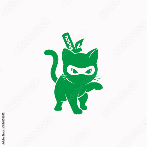 Green ninja cat mascot illustration with sword, masked feline character in stealth pose