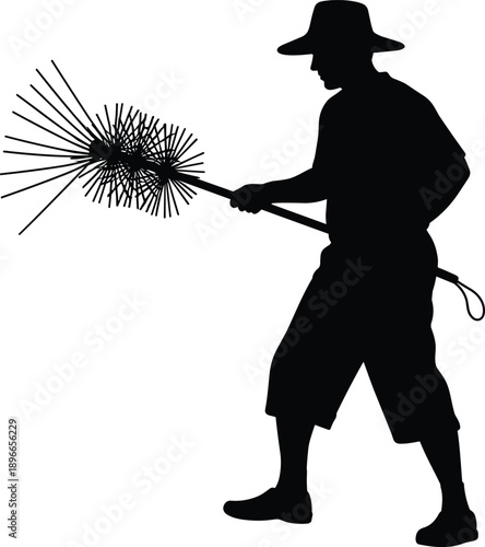 Black silhouette of traditional farmer holding spiked harvesting tool, rural worker side profile isolated on white background, agriculture, countryside labor, cultural heritage, 