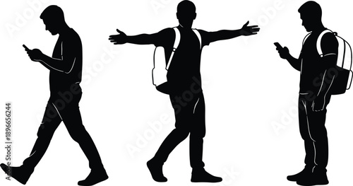 Black silhouettes of young men with backpacks using smartphones in different poses, standing and walking isolated on white background, technology addiction, communication,