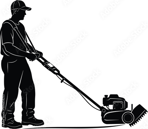 Black silhouette of professional gardener operating push lawn mower, side profile isolated on white background, landscaping, gardening service, yard maintenance, outdoor work, groundskeeping concept