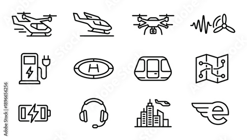 Future transport icon set with aircraft charging station map battery headphones and smart city line.