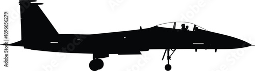 Black silhouette of modern military fighter jet with pilot visible, side profile isolated on white background, aviation, defense, air force, combat aircraft concept