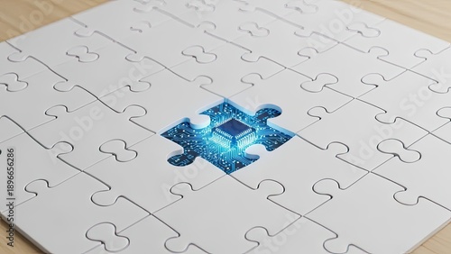 Seamless White Jigsaw Puzzle Revealing Glowing Blue Circuit Board Core