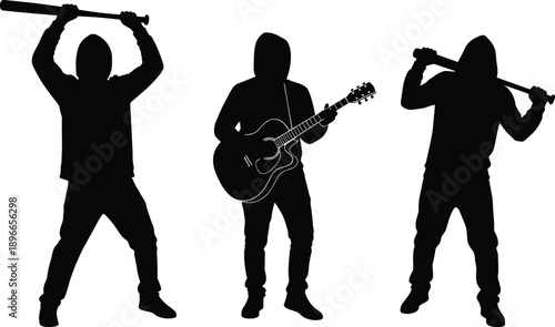 Three figure silhouettes showing contrast between aggression and music, man with guitar and raised bats, youth symbolism, social tension concept, black and white illustration