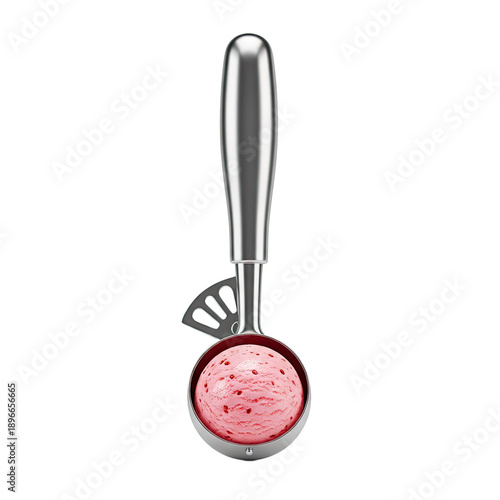Shiny Metal Ice Cream Scoop With Strawberry Ice Cream Ball Against Blurred Red Background