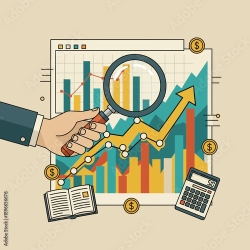 Financial analysis with magnifying glass over growing graph, calculator, book, coins