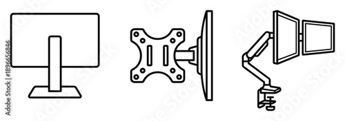 Monitor mount icons showing desk stand along with vesa wall bracket and ergonomic dual monitor arm.