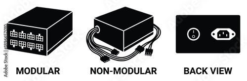 Power supply unit types modular and non modular with back view isolated on transparent background eps.
