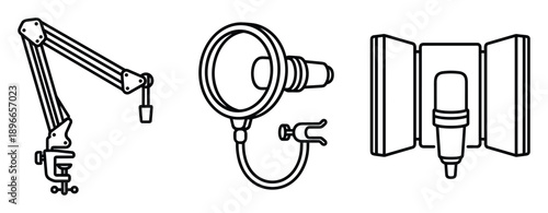 Professional microphone with stand and soundproofing panel equipment vector illustration line art.