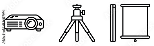 Projector and tripod screen set for office presentation and cinema isolated on transparent background.