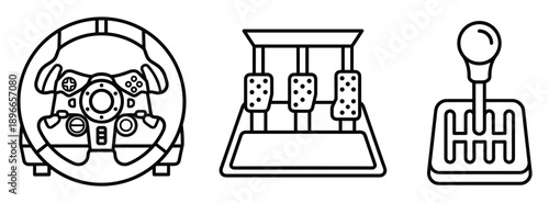 Racing simulator driving wheel pedals and gear stick control panel in outline style.