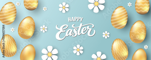 Set of greeting Easter posters. Creative Easter vector cards with bunny, eggs. Collection of geometric greeting cards, banner with cute cartoon elements and 3d egg in gold and colorful background.