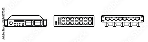 Server network equipment rack thin line vector icon electronic data center connection system technology.