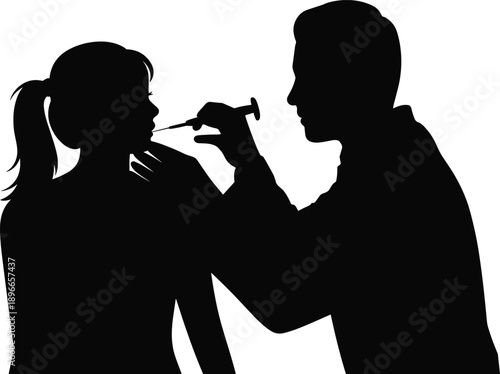 Doctor giving vaccine injection to patient silhouette, medical vaccination vector illustration, healthcare professional administering shot, immunization concept design for health and medicine
