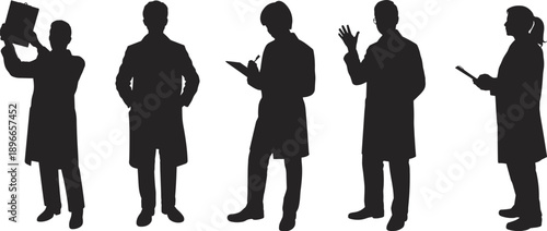 Doctor silhouette vector illustration, medical professionals in different poses, holding clipboard, analyzing report, communicating, standing, concept of healthcare team and hospital staff design