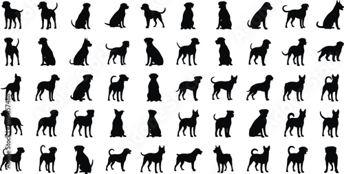 Dog silhouettes collection set, various breeds and sitting standing poses, domestic pet animal icons, black vector illustration for veterinary, training, lifestyle design