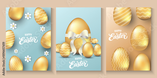 Set of greeting Easter posters. Creative Easter vector cards with bunny, eggs. Collection of geometric greeting cards, banner with cute cartoon elements and 3d egg in gold and colorful background.